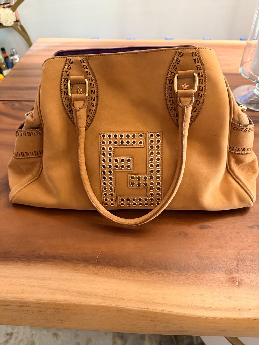 Authentic Fendi suede large studded FF emblem tote/shoulder bag